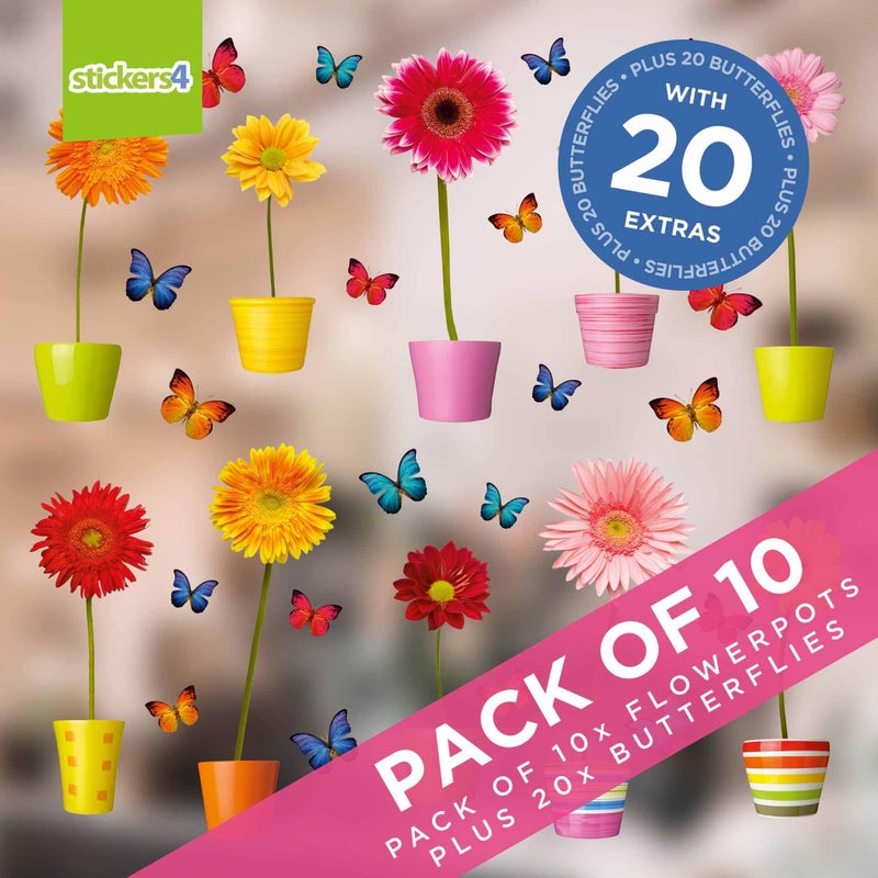 Stickers4 Set of 10 Potted Gerbera Window Clings with 20 Butterflies, Double-Sided Repositionable Static Clings for Glass, Reusable Floral Stickers for Spring & Summer Home, Classroom or Storefront Decor - Image 2